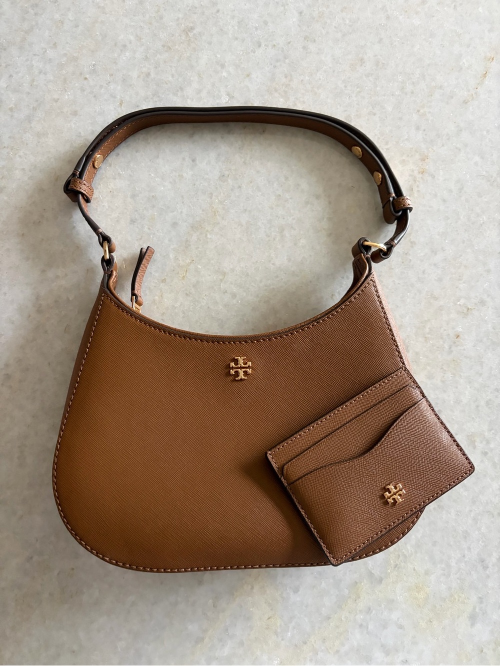 Tory Burch Saddle Shoulder Bag in Cognac Brown with Card Case